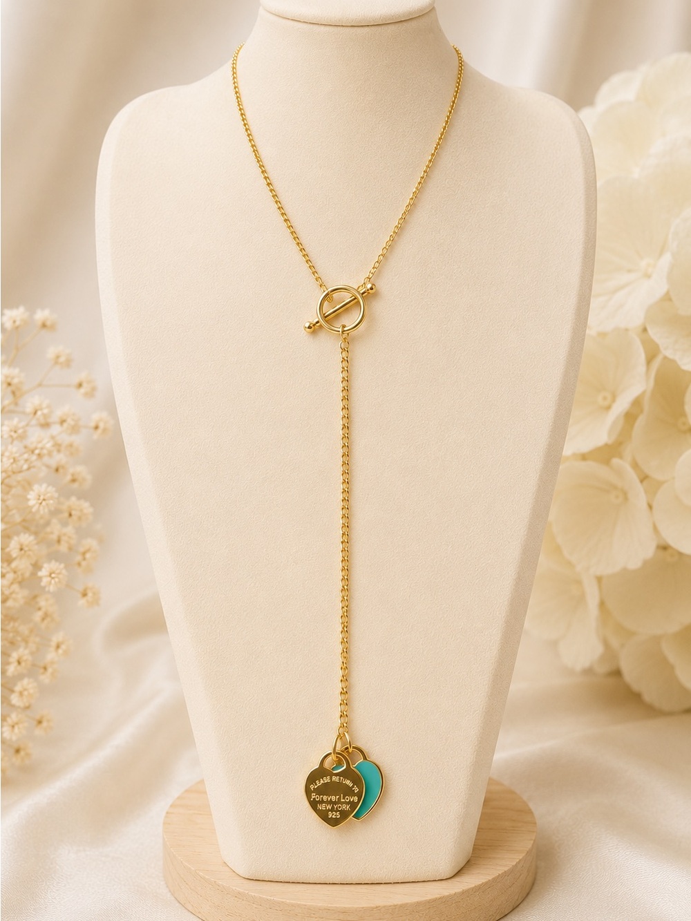 Gold Lariat Necklace with Turquoise Heart Charm steel 316L